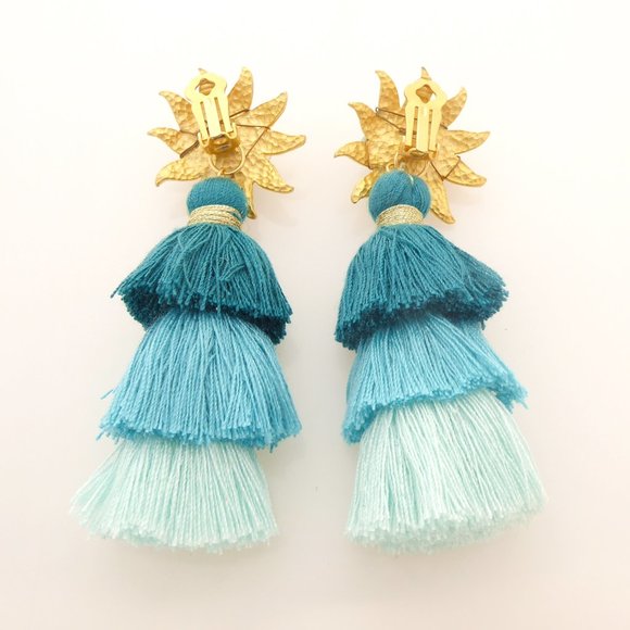 Vintage 1980s gold and green beaded clip on earrings with teal green tassels - Picture 5 of 7